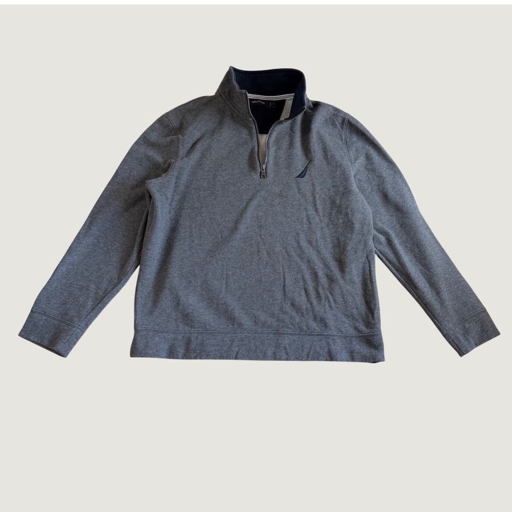Nautica Mens Large Gray Quarter Zip Pullover Fleece Sweatshirt Mock Neck Logo